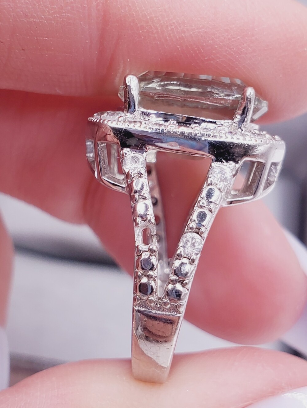 Fancy Cut Prasiolite - Green Amethyst & White Zircon 925 Sterling Silver Ring - Picture 7 of 12